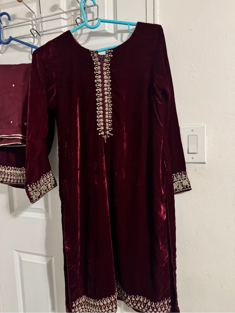 Embroidered Velvet Shirt Trouser in Deep Maroon